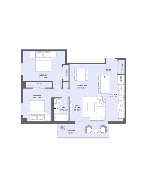 Floor plan for 2 beds, 1 bath